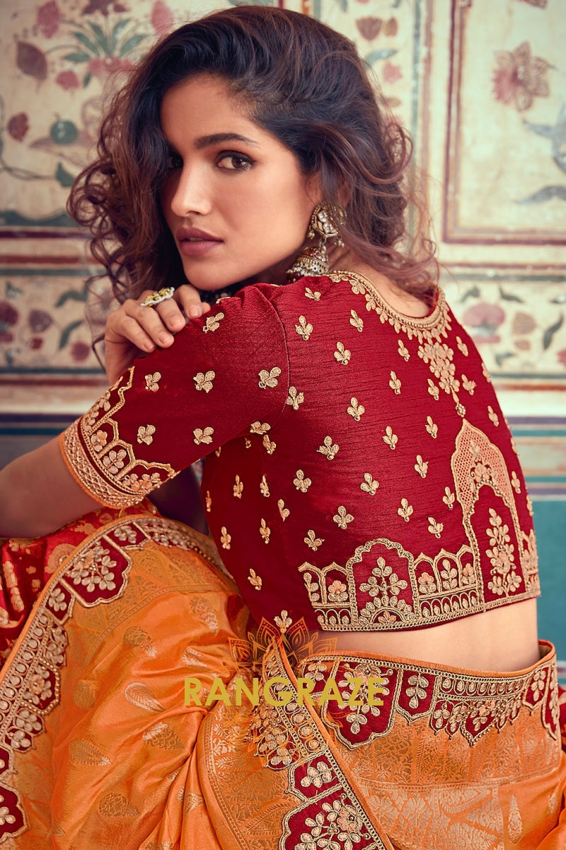 Fiery Red and Orange Banarasi Silk Lehenga – A Royal Heritage Ensemble