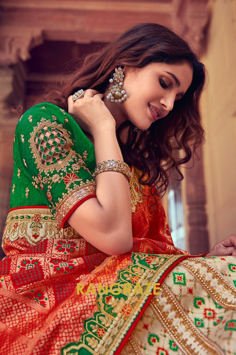 Cream and Red Banarasi Silk Lehenga – A Timeless Celebration of Grandeur