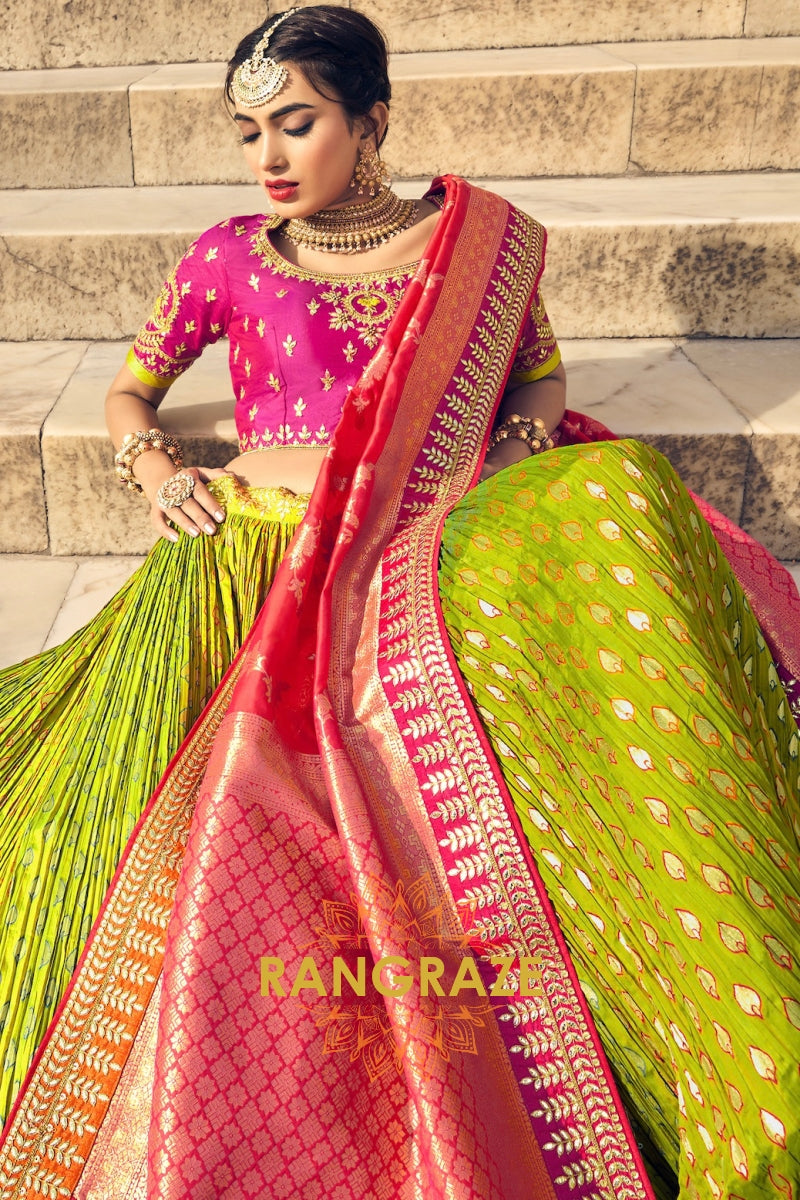 Lime Green and Fuchsia Banarasi Silk Lehenga with Gotta Patti Work – A Kaleidoscope of Tradition