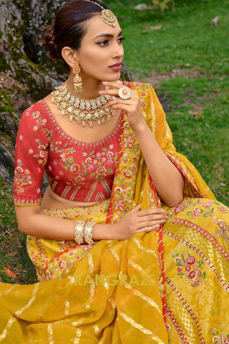 Golden Sunshine Banarasi Silk Lehenga – A Vibrant Celebration of Elegance