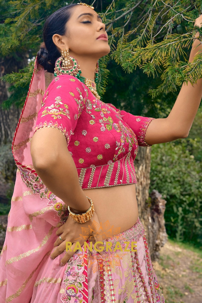 Blush Pink Banarasi Silk Lehenga – A Romantic Floral Dream