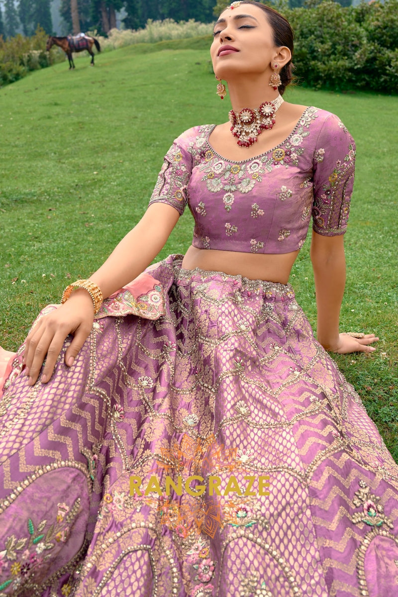 Lavender Bliss Banarasi Silk Lehenga – A Floral Symphony