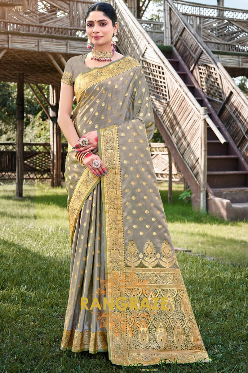 Grey Golden Woven Banarasi Golden Zari Silk Saree