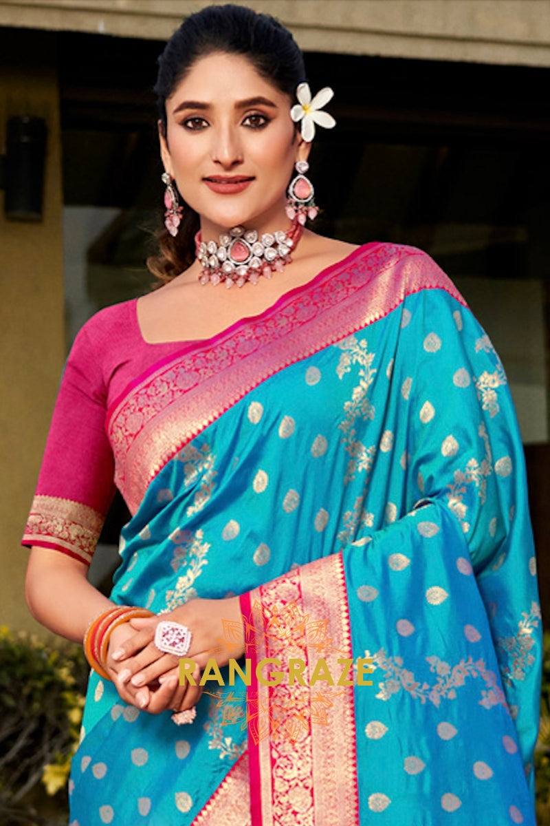 Serene Turquoise Rich Zari Work Woven Banarasi Silk Saree