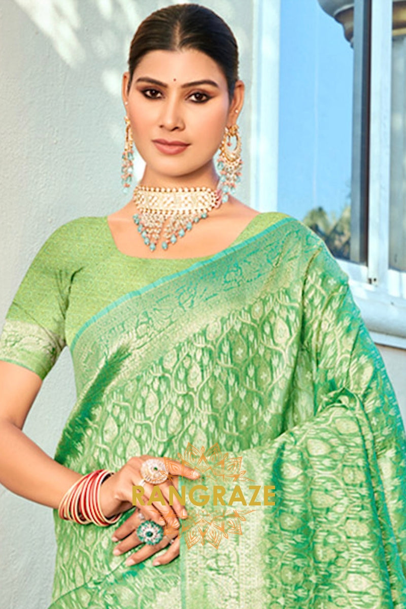 Heritage Green Pure Cotton Banarasi Silk Saree