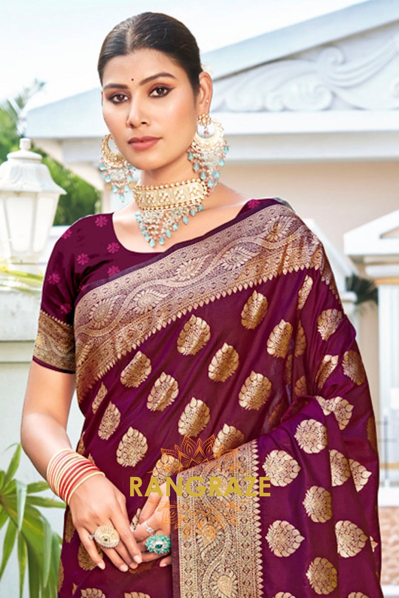 Charming Purple Banarasi Silk Saree With Woven Zari Work