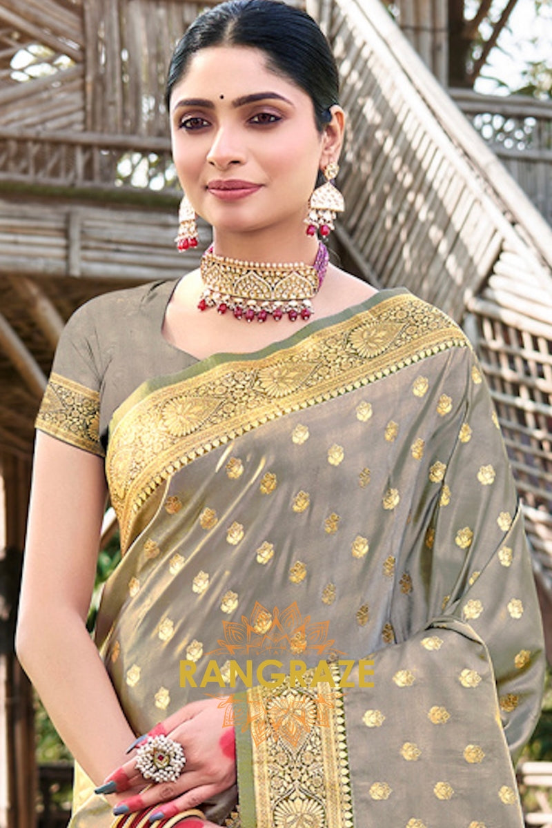 Grey Golden Woven Banarasi Golden Zari Silk Saree