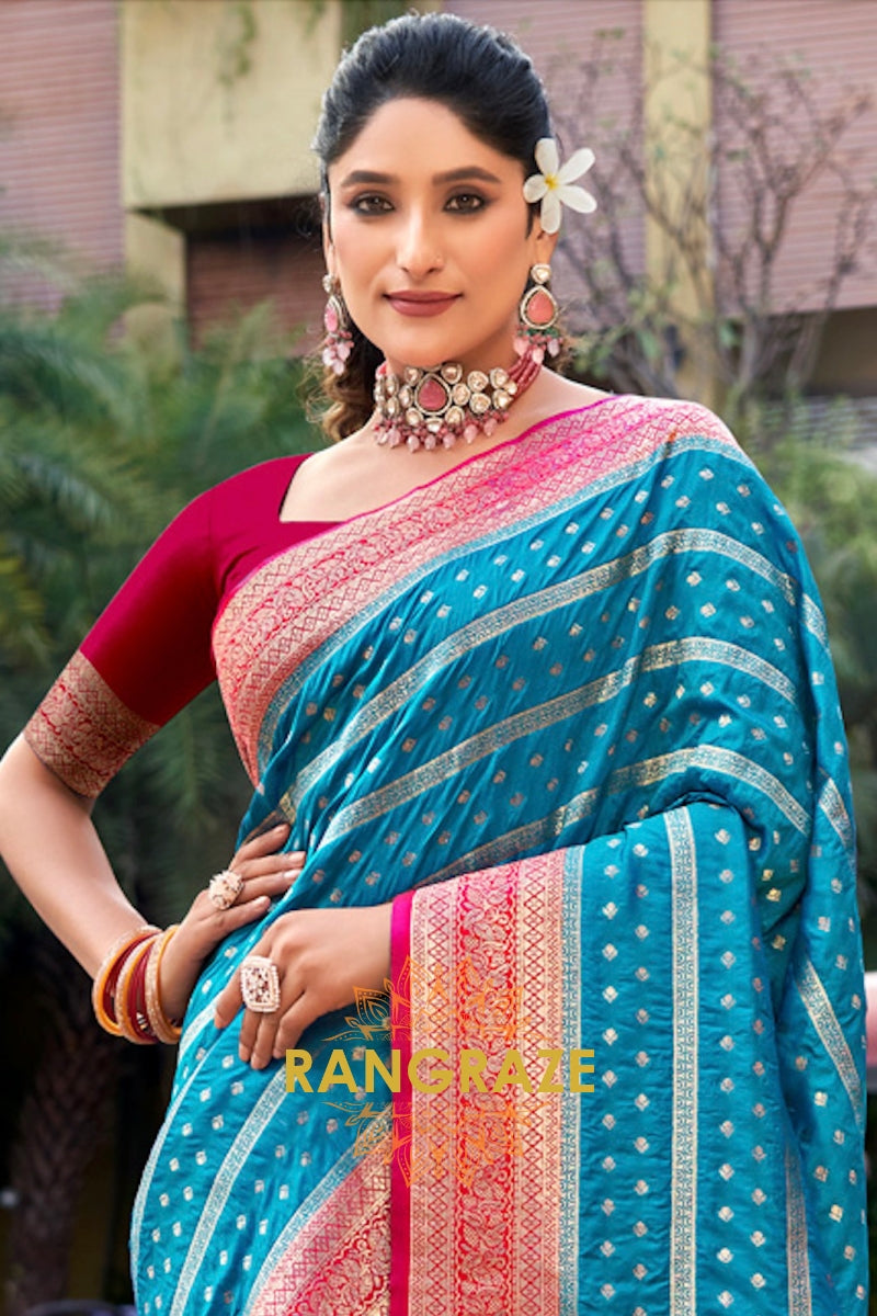 Majestic Turquoise Rich Zari Work Woven Banarasi Silk Saree