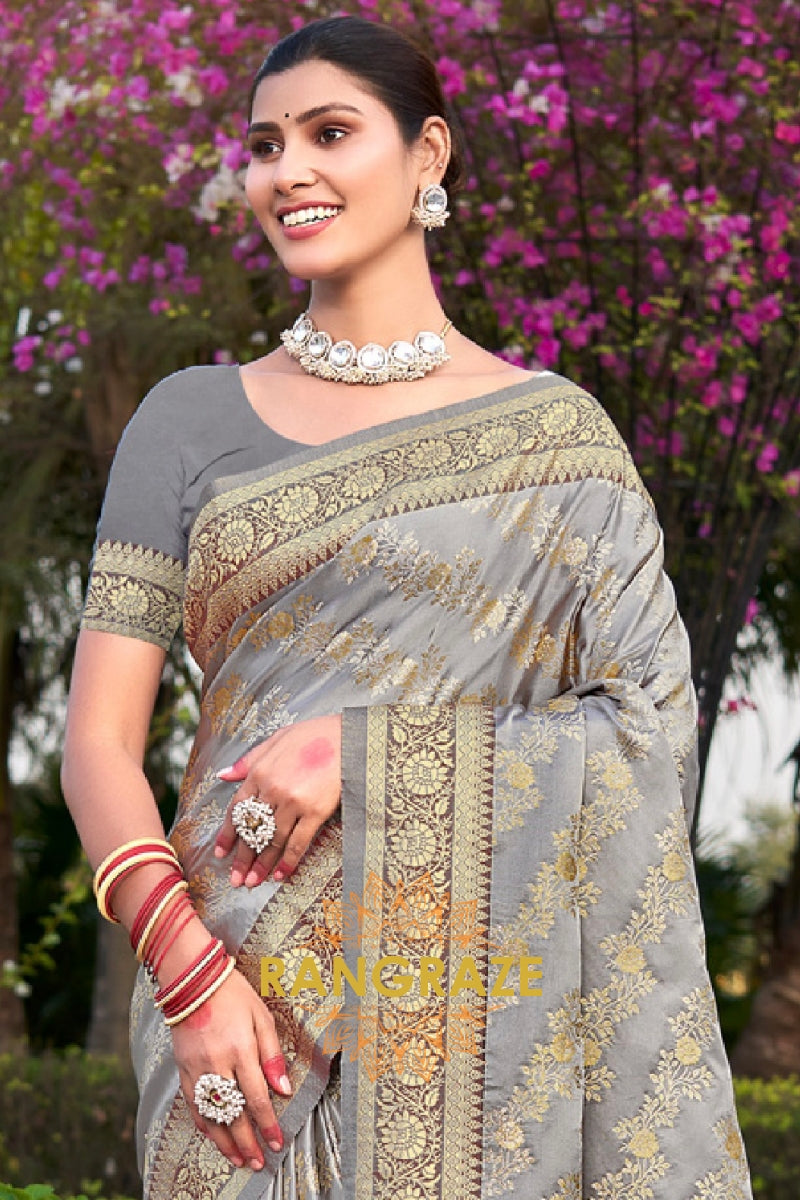 Grand Metal Grey Woven Banarasi Golden Zari Satin Silk Saree