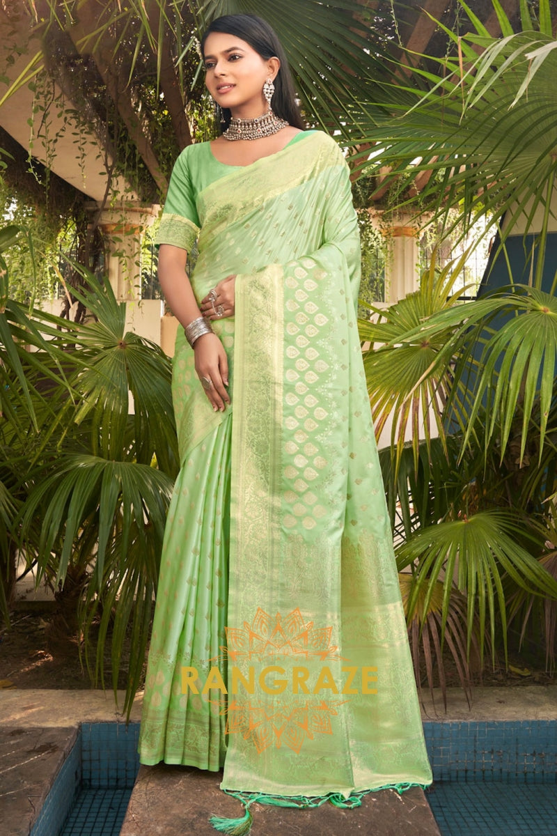 Fine Green Satin Silk Banarasi Saree