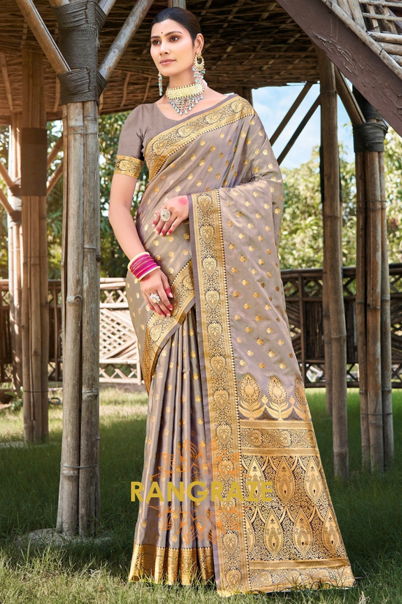 Golden Grey Woven Banarasi Golden Zari Silk Saree