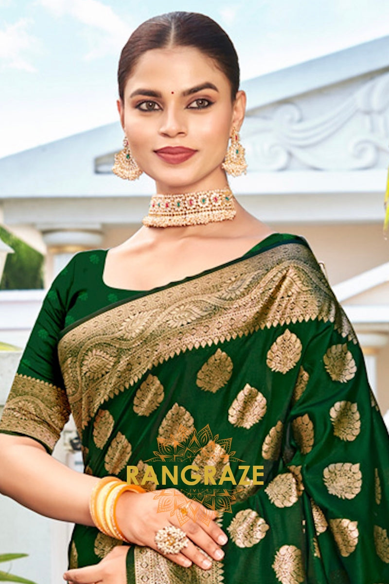 Charming Green Banarasi Silk Saree With Woven Zari Work