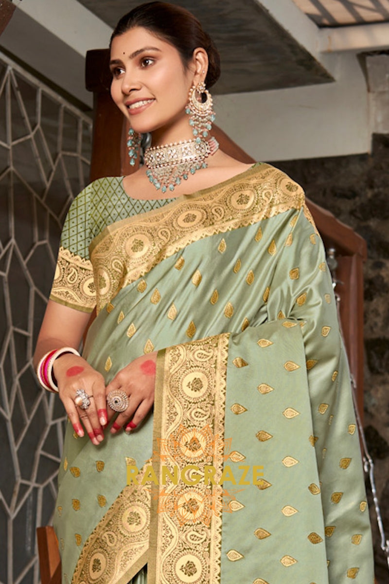 Classic Golden Grey Woven Banarasi Golden Zari Silk Saree