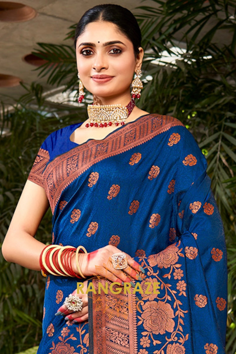 Classic Blue Banarasi Silk Woven Rich Zari Work Saree