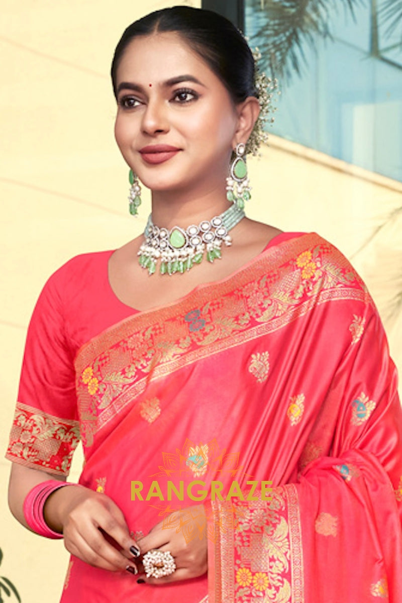 Glamorous Pink Banarasi Silk Saree With Woven Zari Work