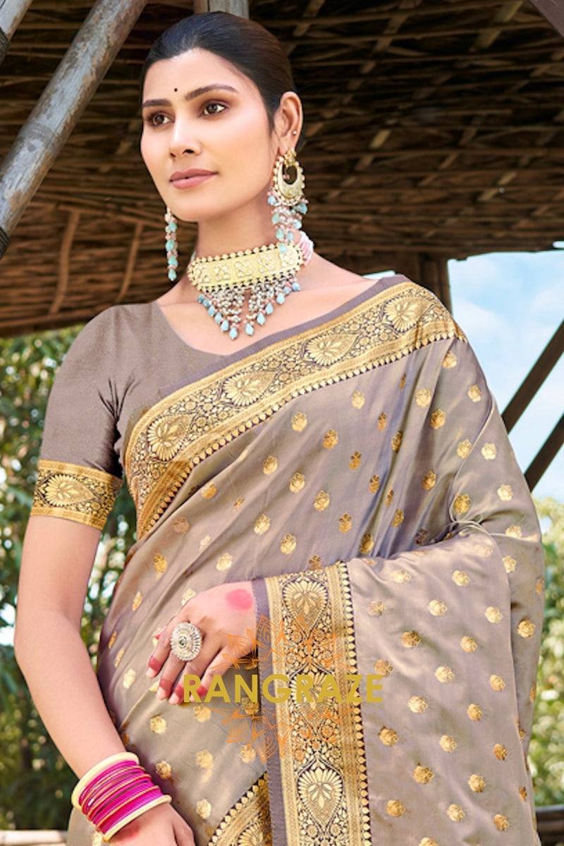 Golden Grey Woven Banarasi Golden Zari Silk Saree