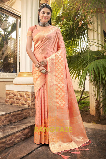 Fine Peach Red Satin Silk Banarasi Saree