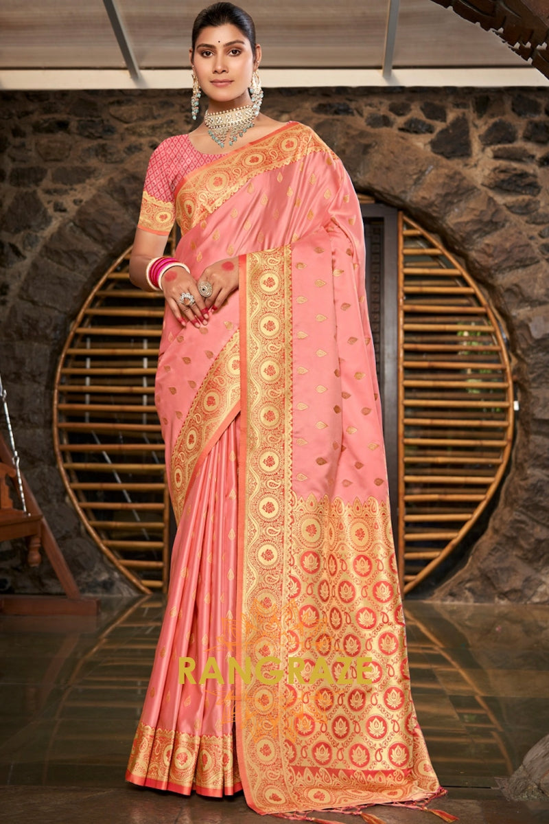 Classic Peach Woven Banarasi Golden Zari Silk Saree