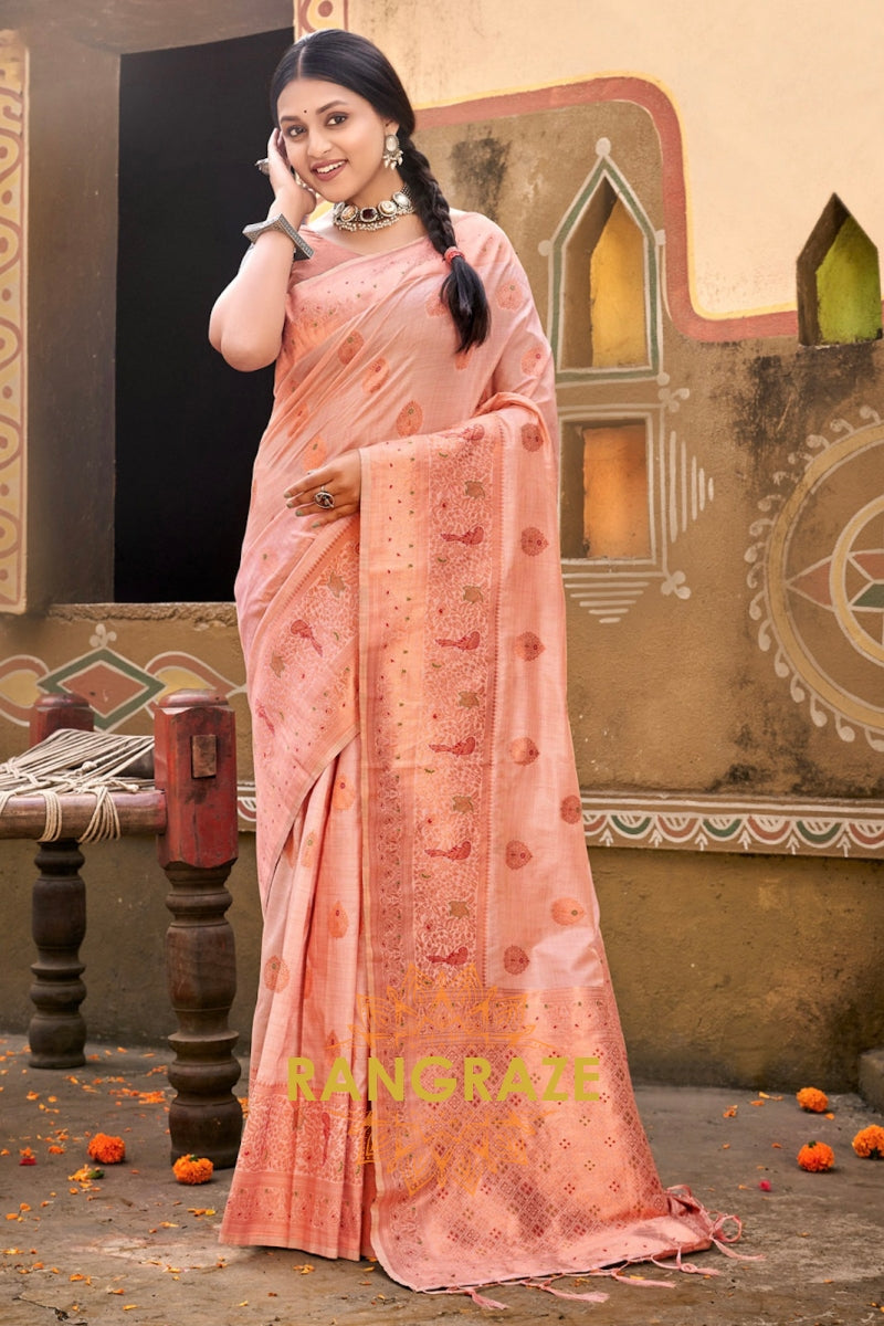 Classic Pink Pure Cotton Banarasi Silk Saree