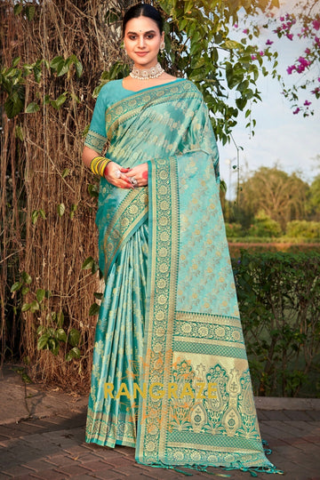 Grand Turquoise Blue Woven Banarasi Golden Zari Satin Silk Saree