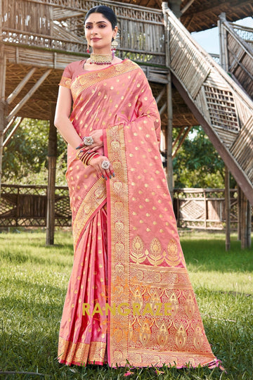 Peach Pink Woven Banarasi Golden Zari Silk Saree