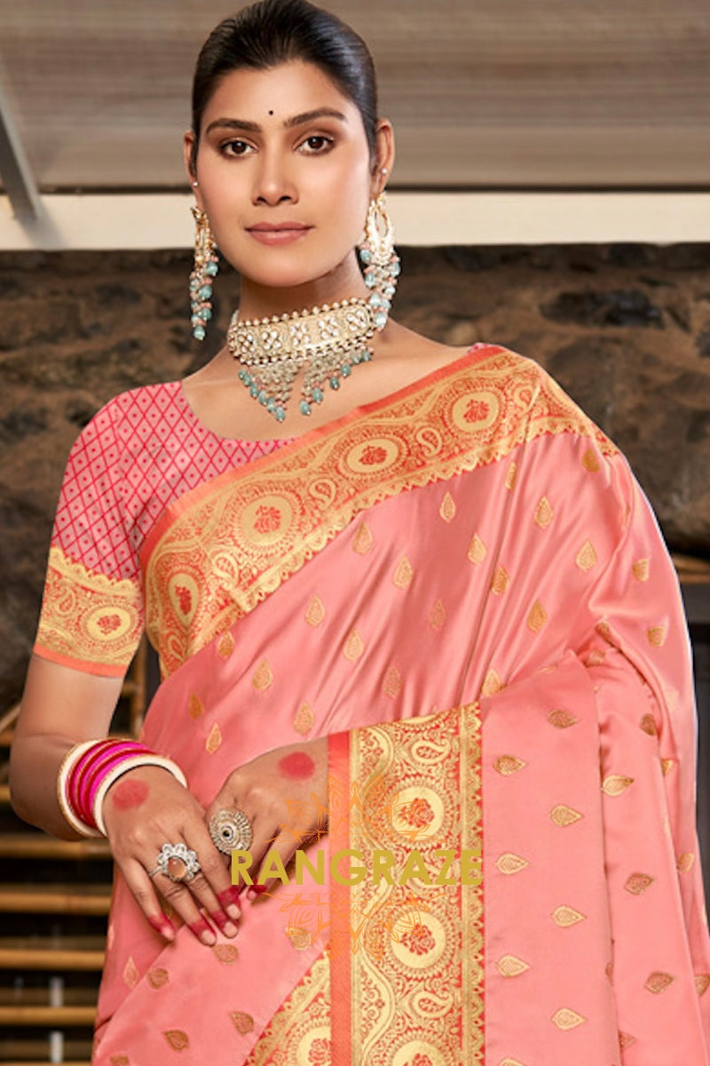 Classic Peach Woven Banarasi Golden Zari Silk Saree