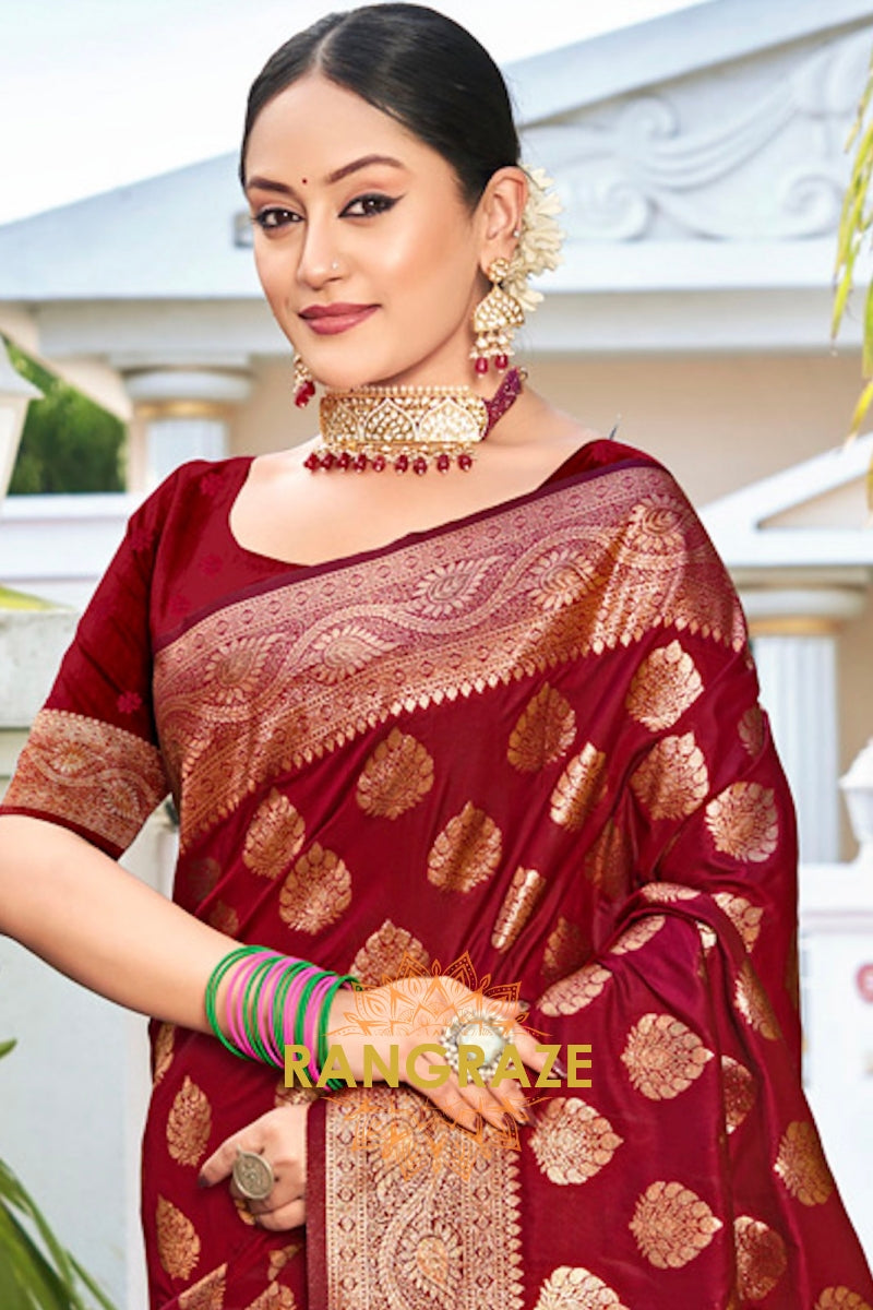 Charming Maroon Banarasi Silk Saree With Woven Zari Work