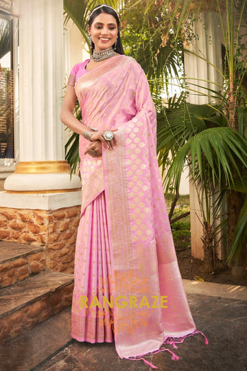 Fine Pink Satin Silk Banarasi Saree