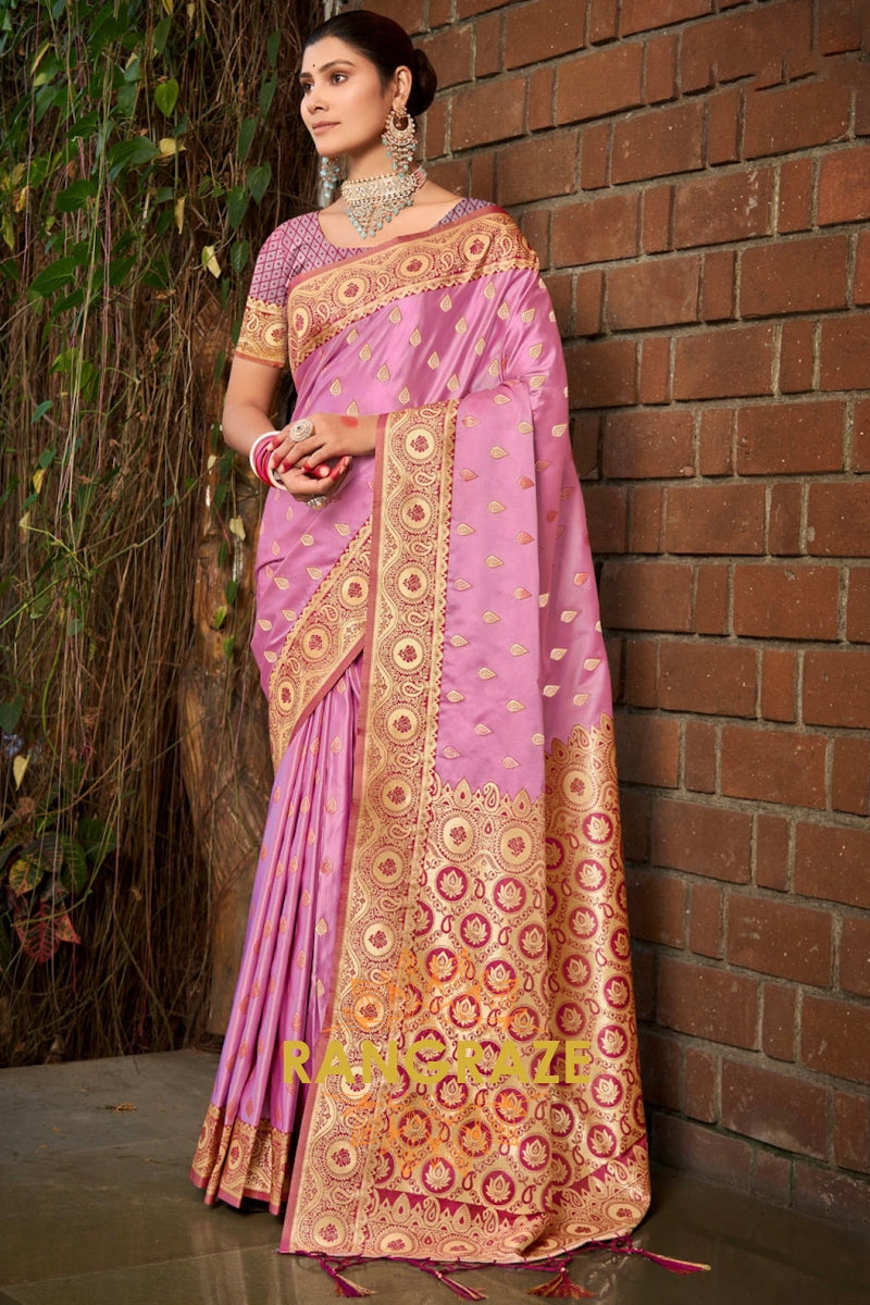 Classic Pink Woven Banarasi Golden Zari Silk Saree