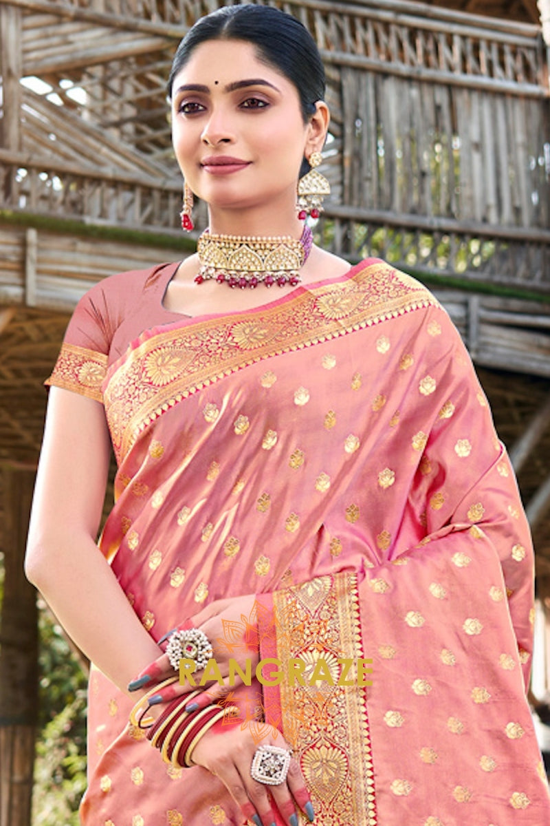 Peach Pink Woven Banarasi Golden Zari Silk Saree