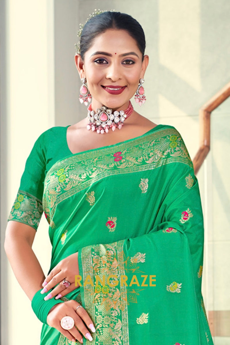 Glamorous Green Banarasi Silk Saree With Woven Zari Work