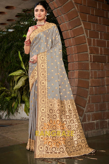 Classic Grey Woven Banarasi Golden Zari Silk Saree