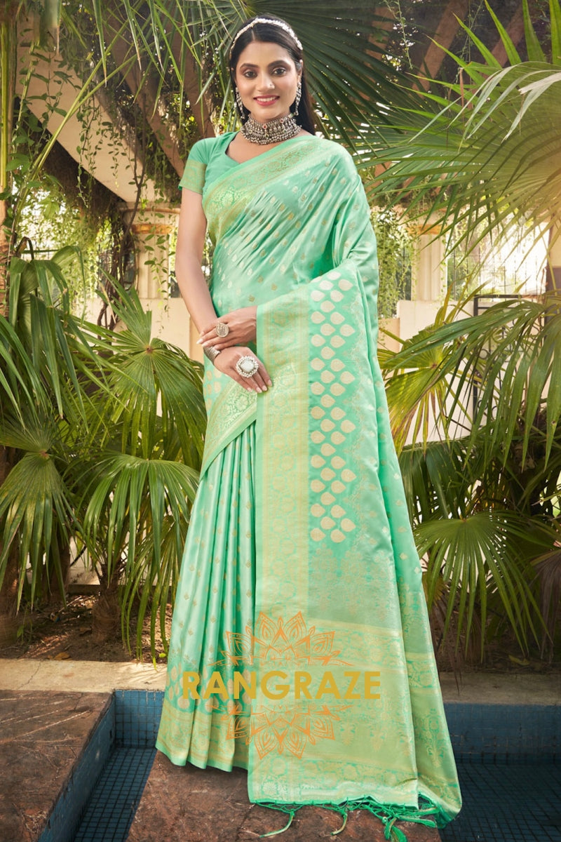 Fine Turquoise Satin Silk Banarasi Saree