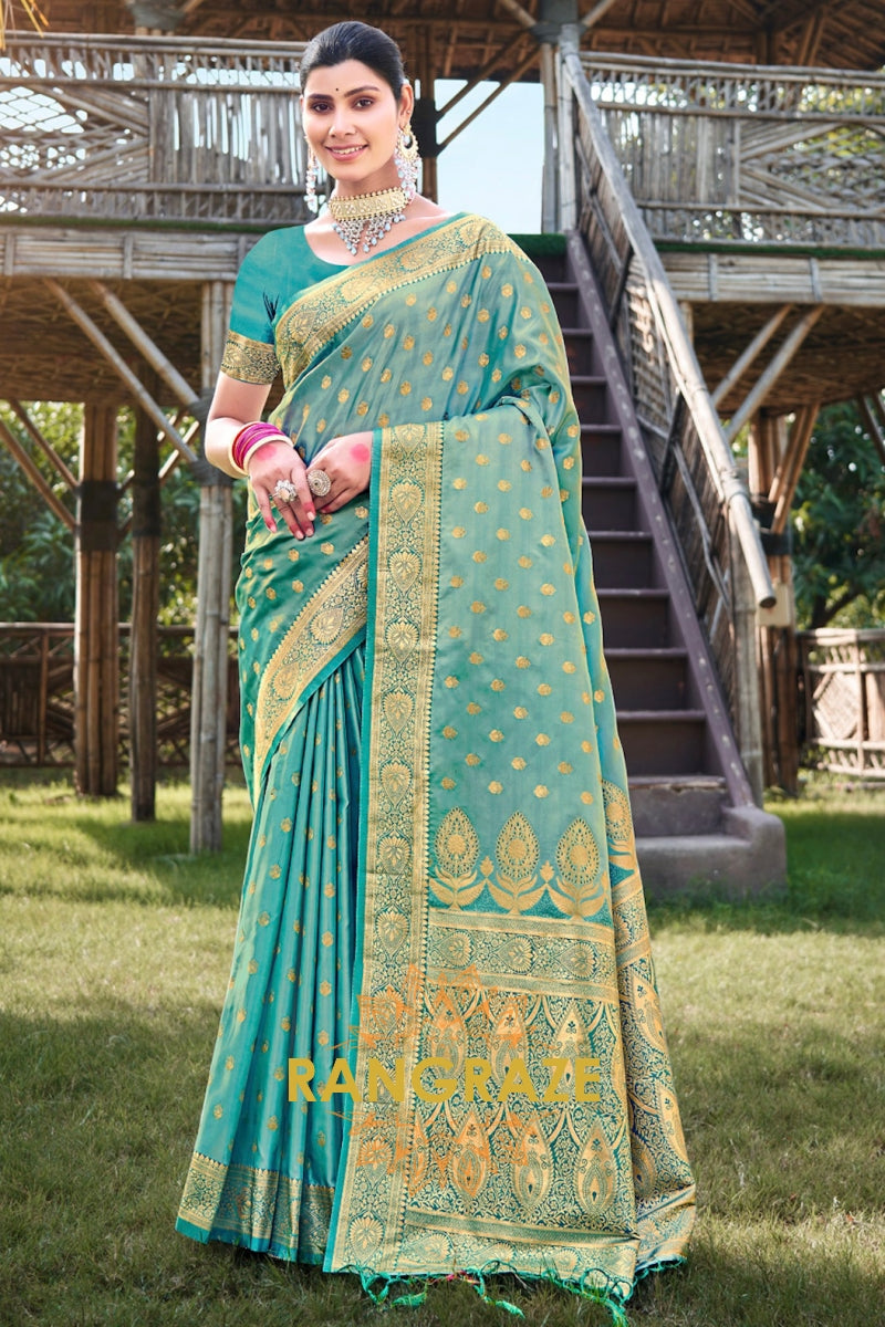 Turquoise Woven Banarasi Golden Zari Silk Saree