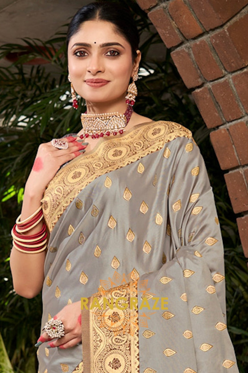 Classic Grey Woven Banarasi Golden Zari Silk Saree