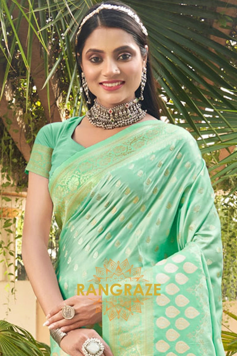 Fine Turquoise Satin Silk Banarasi Saree