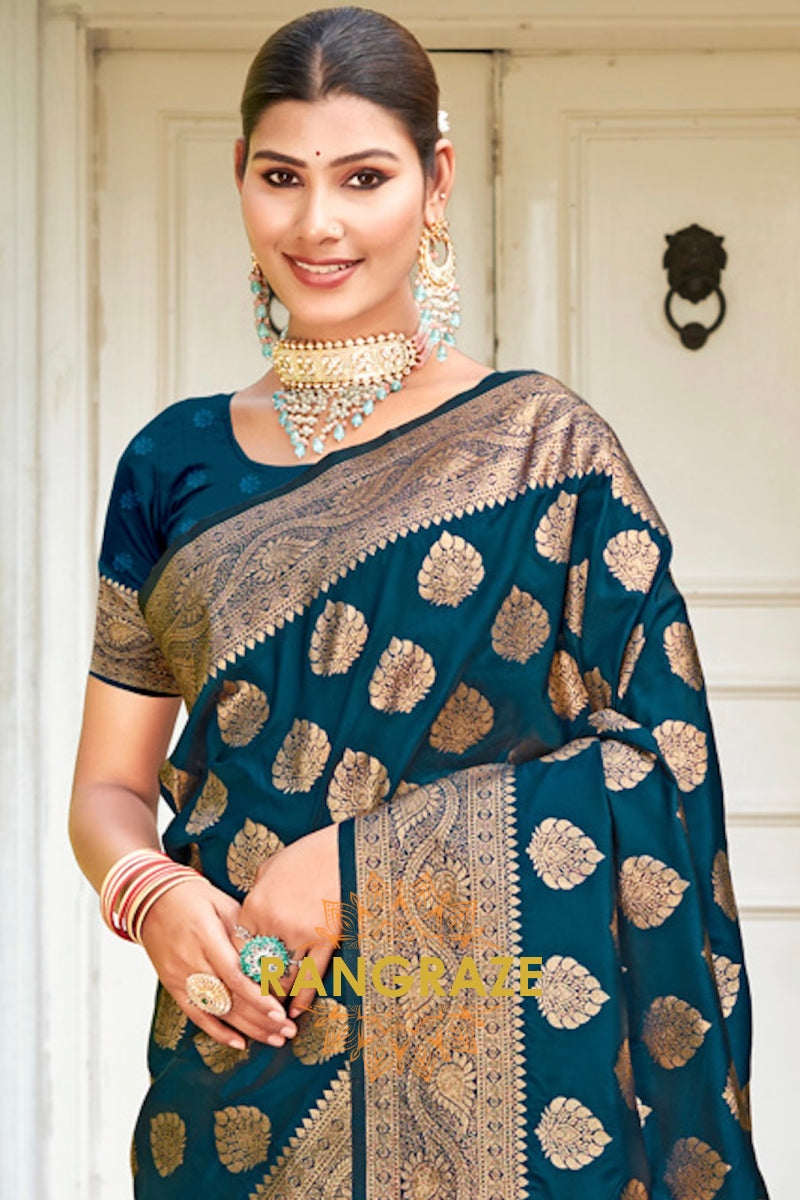 Charming Teal Blue Banarasi Silk Saree With Woven Zari Work