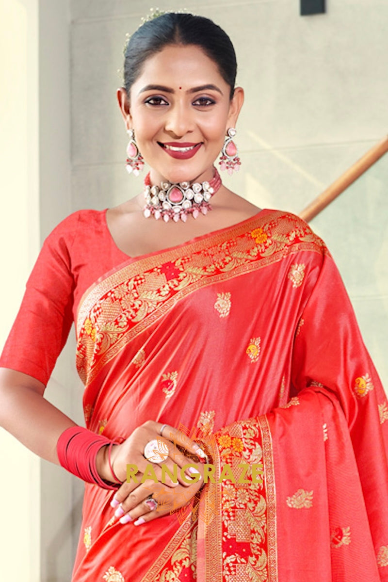 Glamorous Red Banarasi Silk Saree With Woven Zari Work