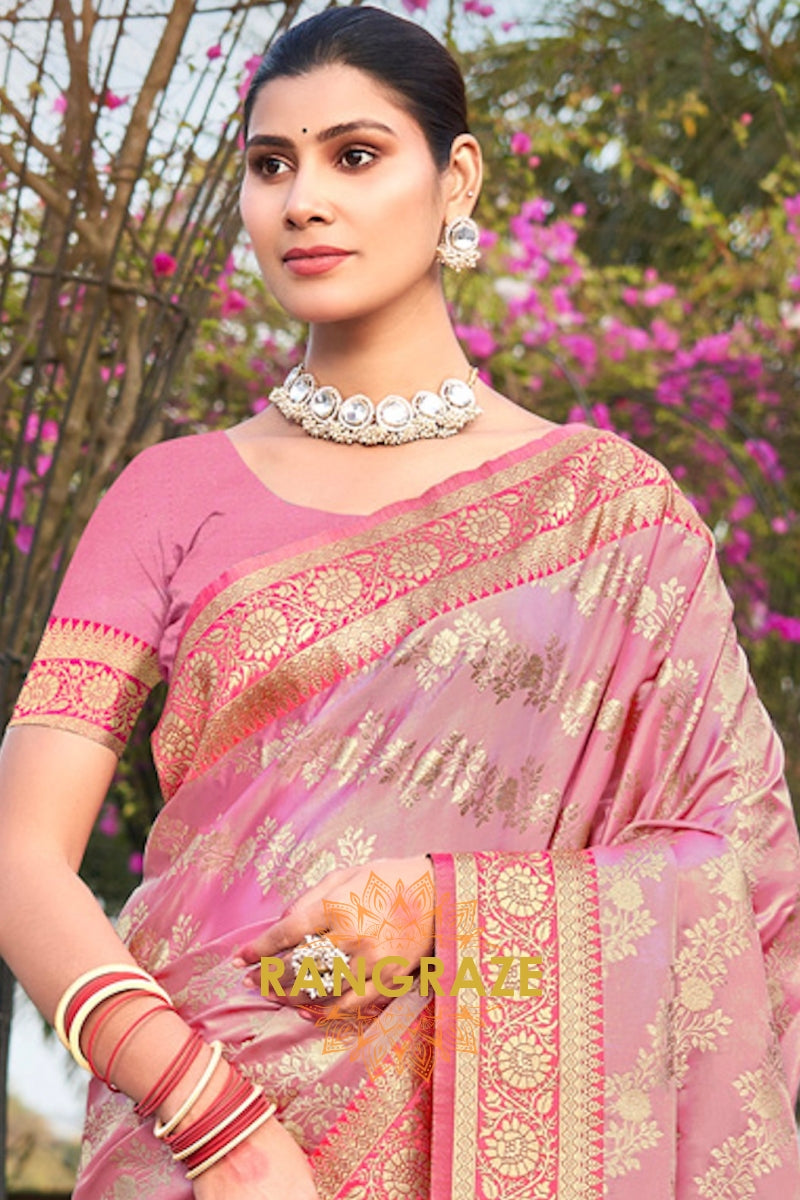 Grand Pink Woven Banarasi Golden Zari Satin Silk Saree