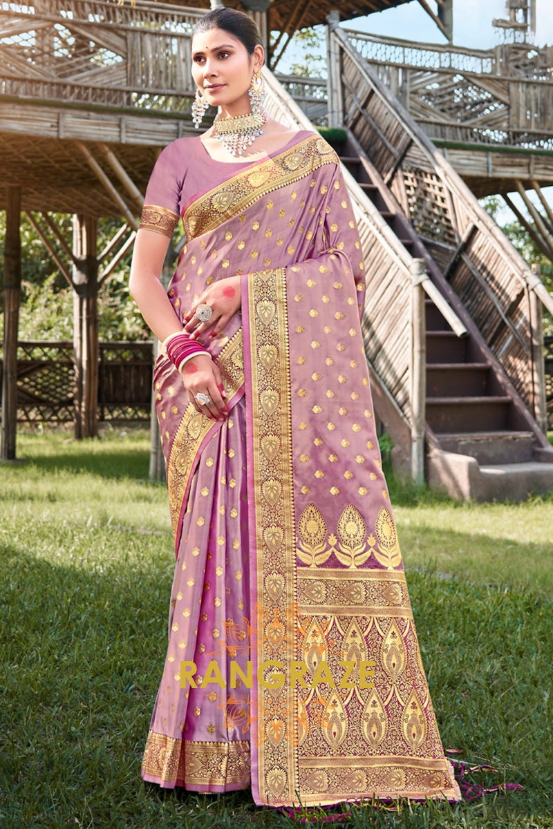 Rose Pink Woven Banarasi Golden Zari Silk Saree