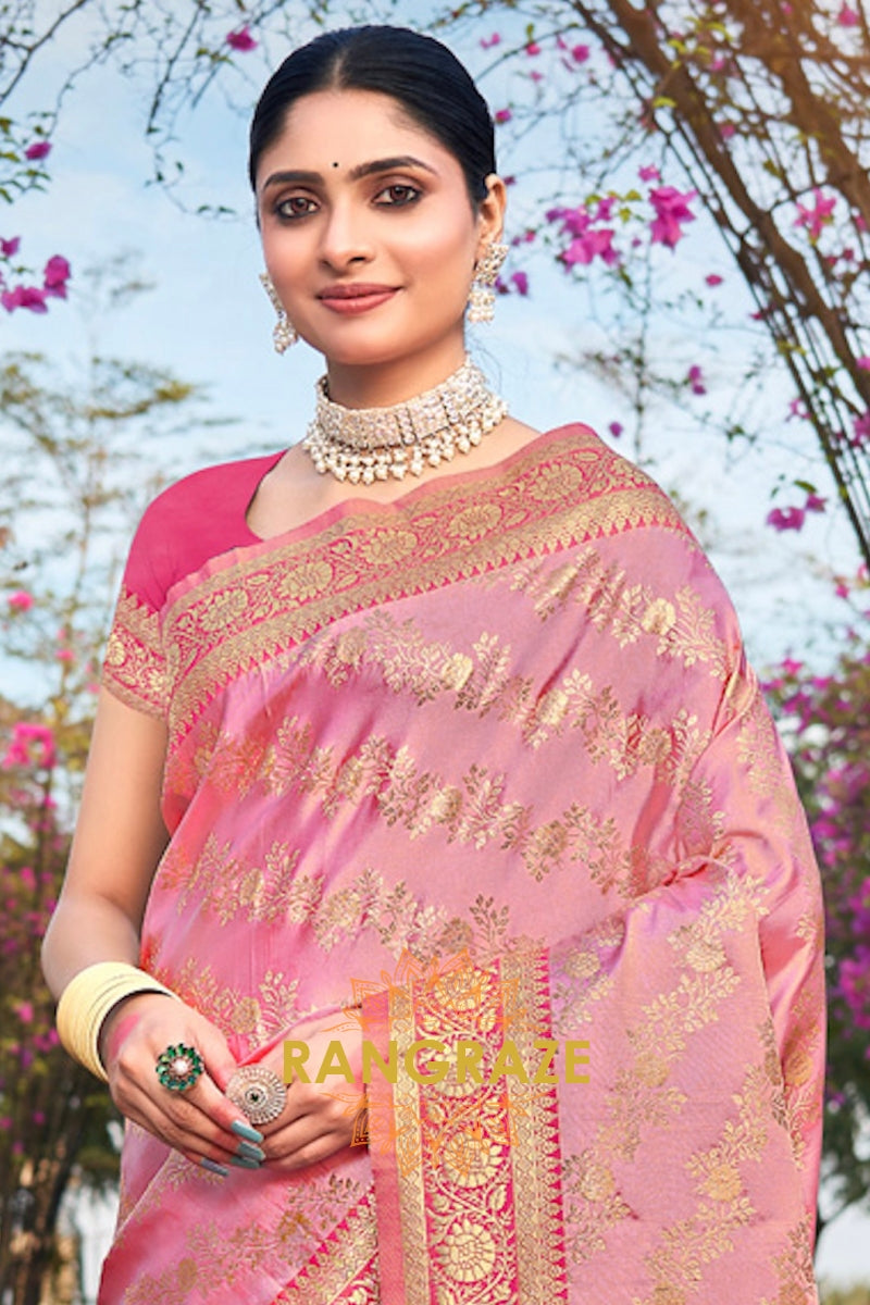 Grand Royal Pink Woven Banarasi Golden Zari Satin Silk Saree