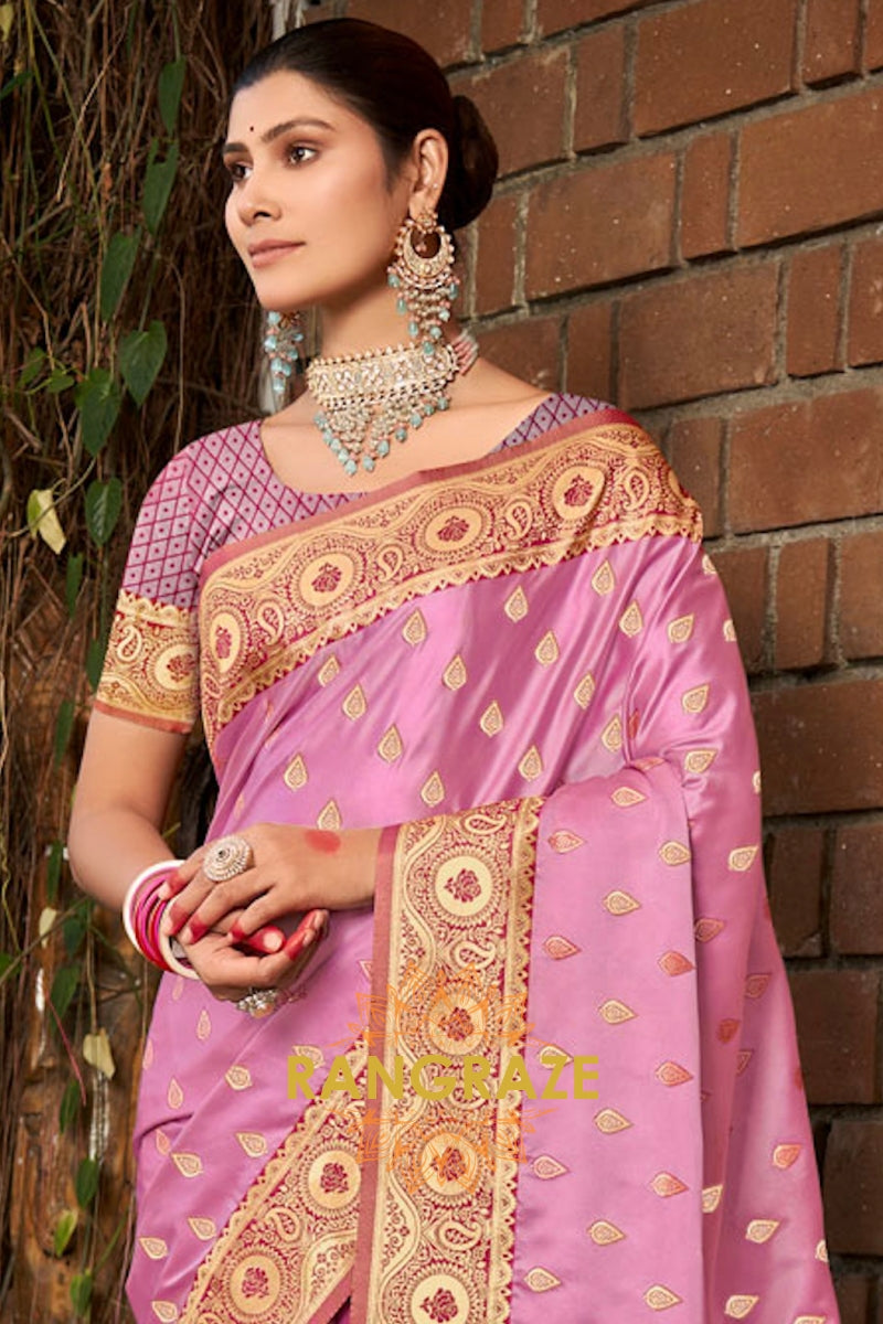 Classic Pink Woven Banarasi Golden Zari Silk Saree