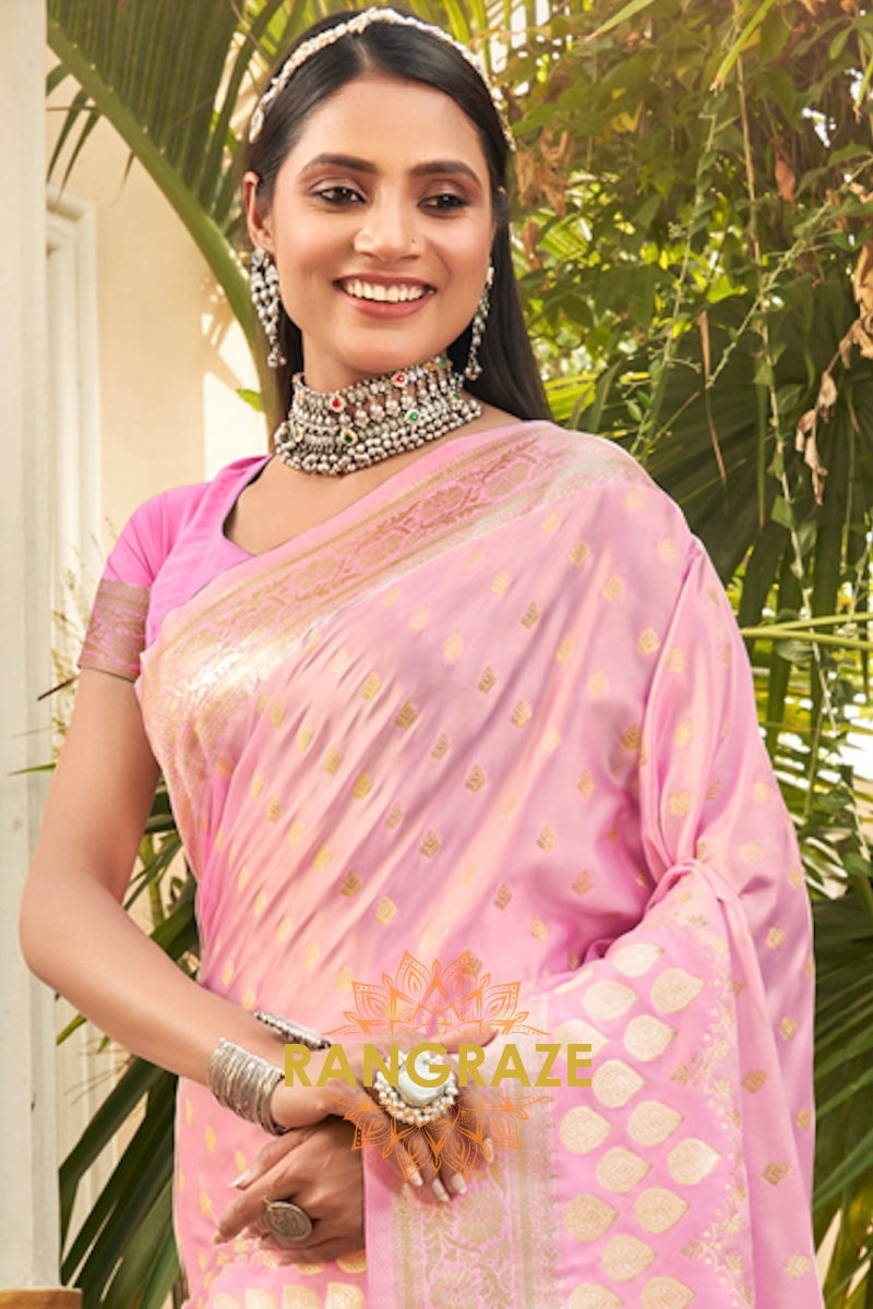 Fine Pink Satin Silk Banarasi Saree