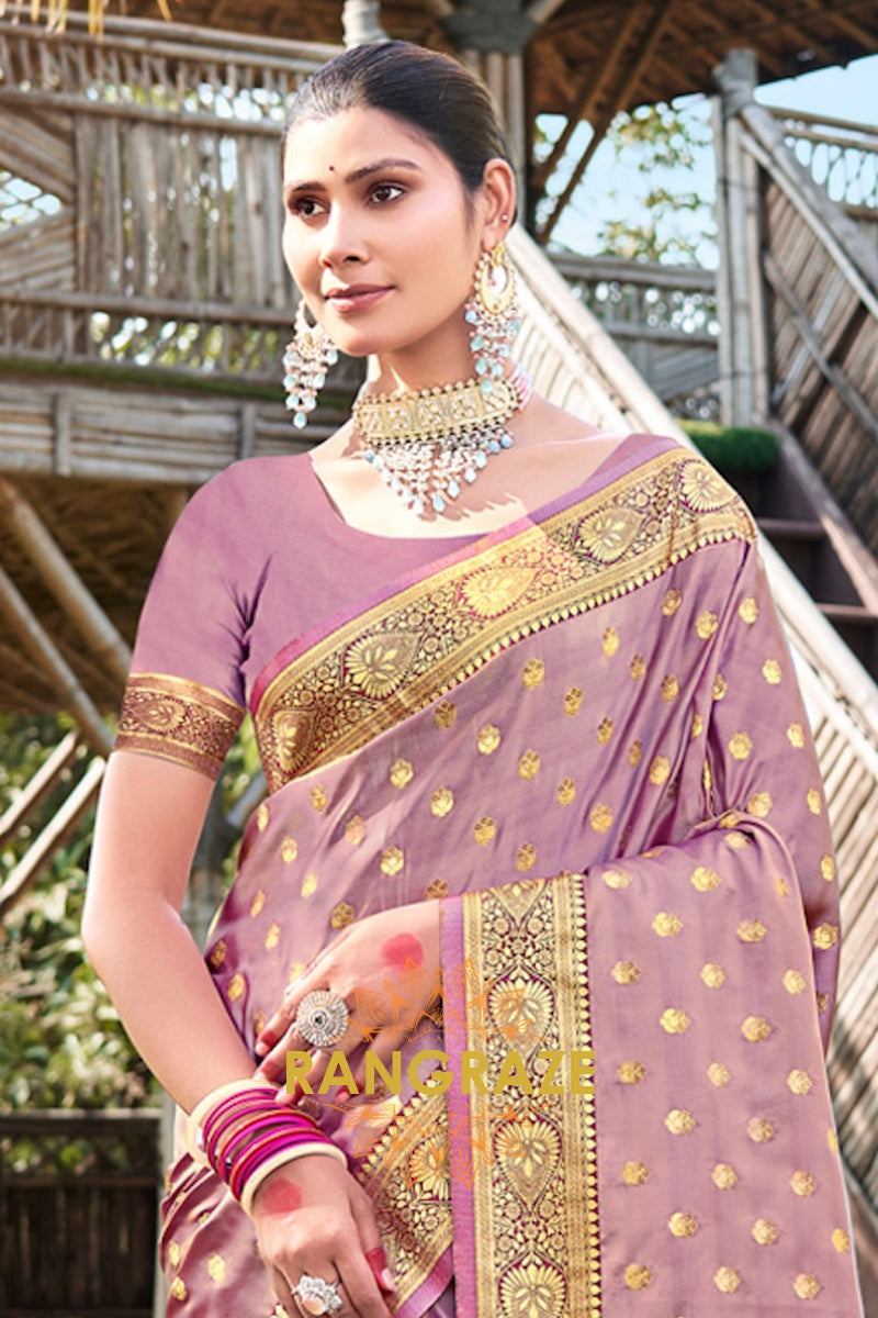 Rose Pink Woven Banarasi Golden Zari Silk Saree