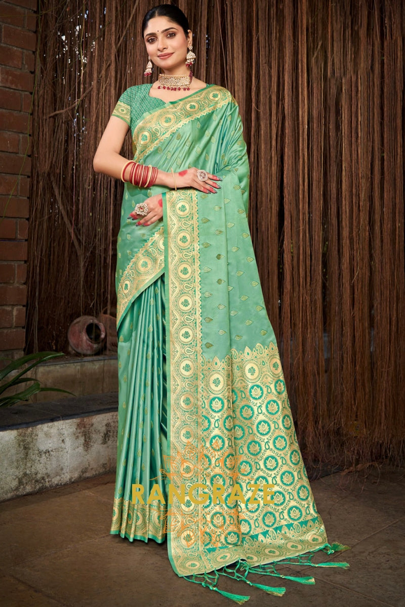 Classic Turquoise Woven Banarasi Golden Zari Silk Saree