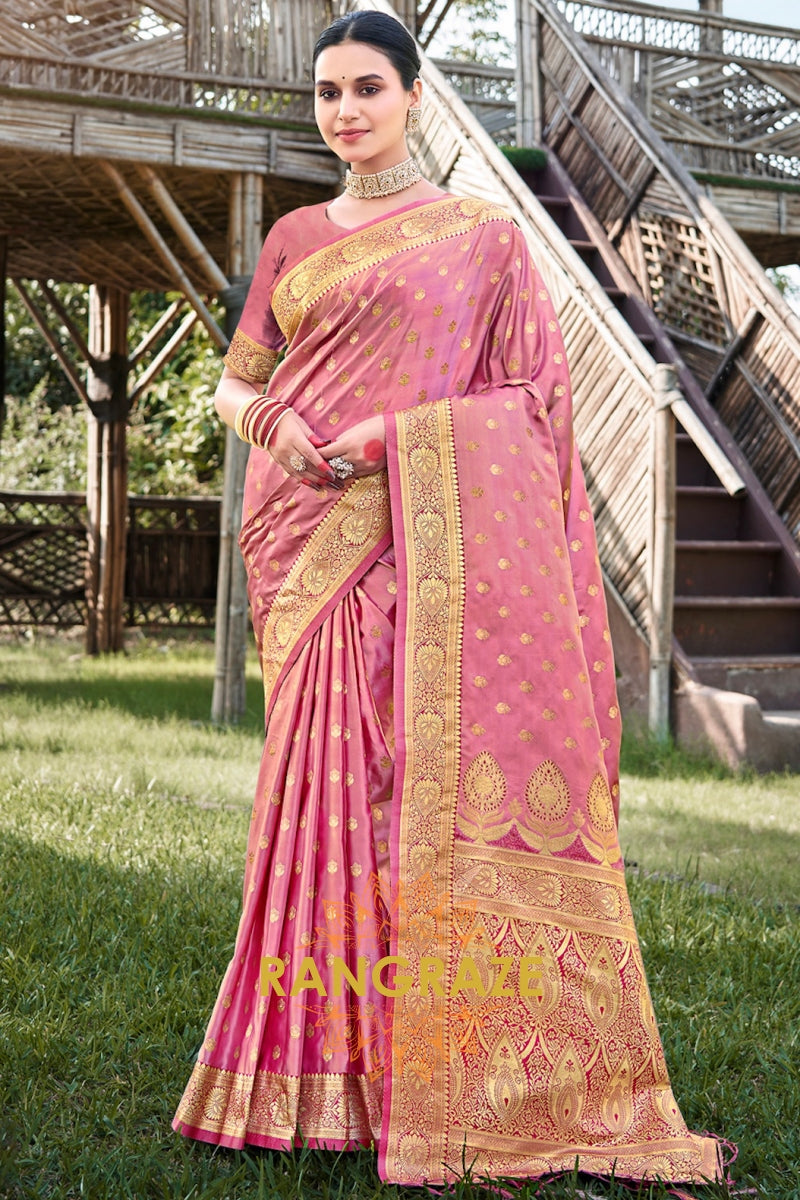 Golden Pink Woven Banarasi Golden Zari Silk Saree