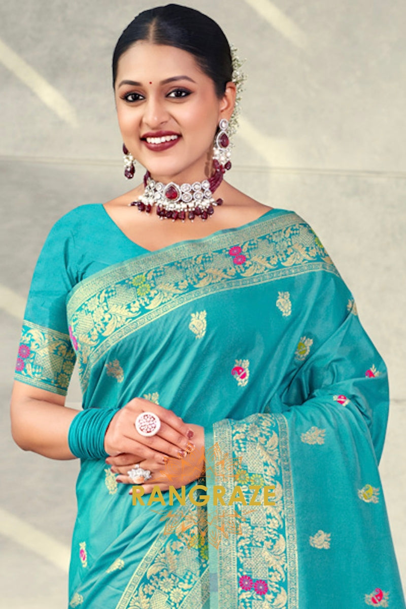 Glamorous Turquoise Banarasi Silk Saree With Woven Zari Work