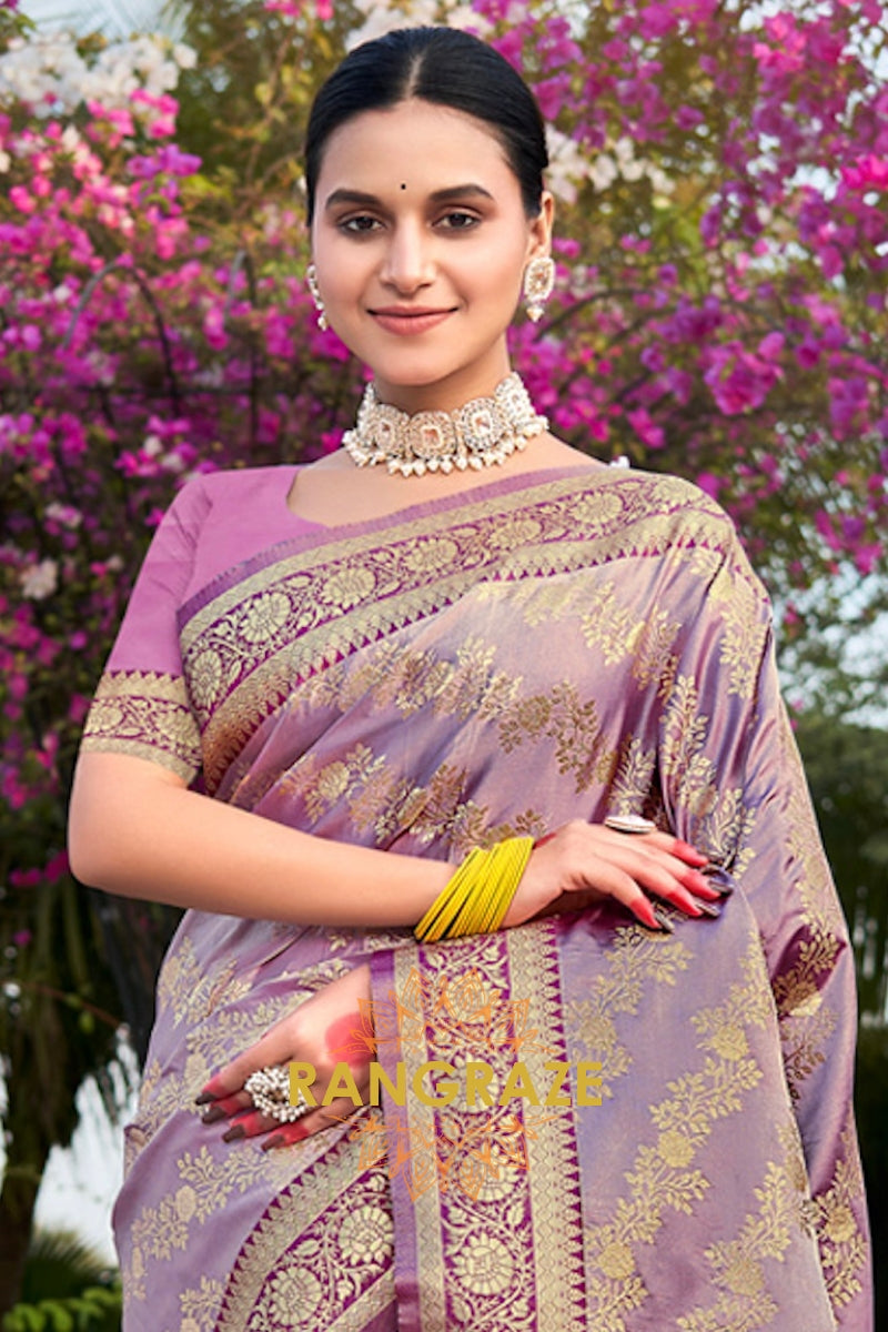 Grand Purple Woven Banarasi Golden Zari Satin Silk Saree