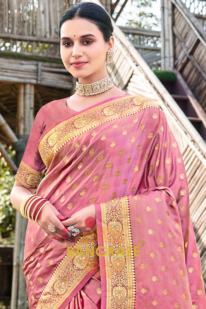 Golden Pink Woven Banarasi Golden Zari Silk Saree