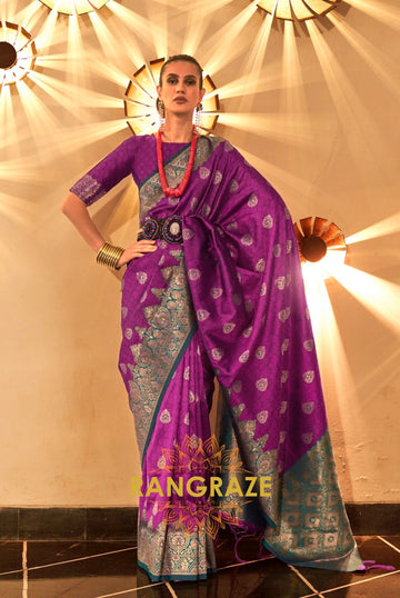 Violet Purple Woven Banarasi Silk Saree